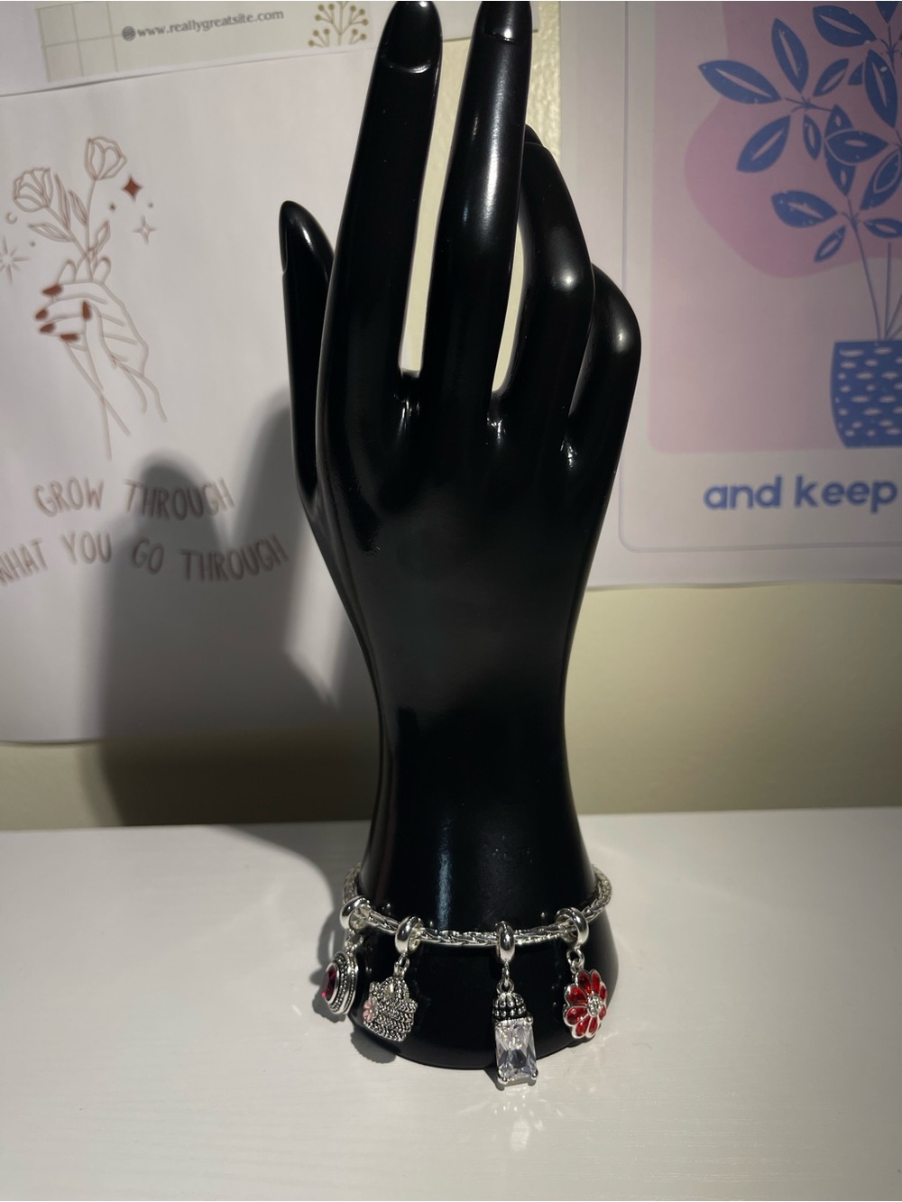 Silver Charm Bracelet with Red Enamel Flower Charms